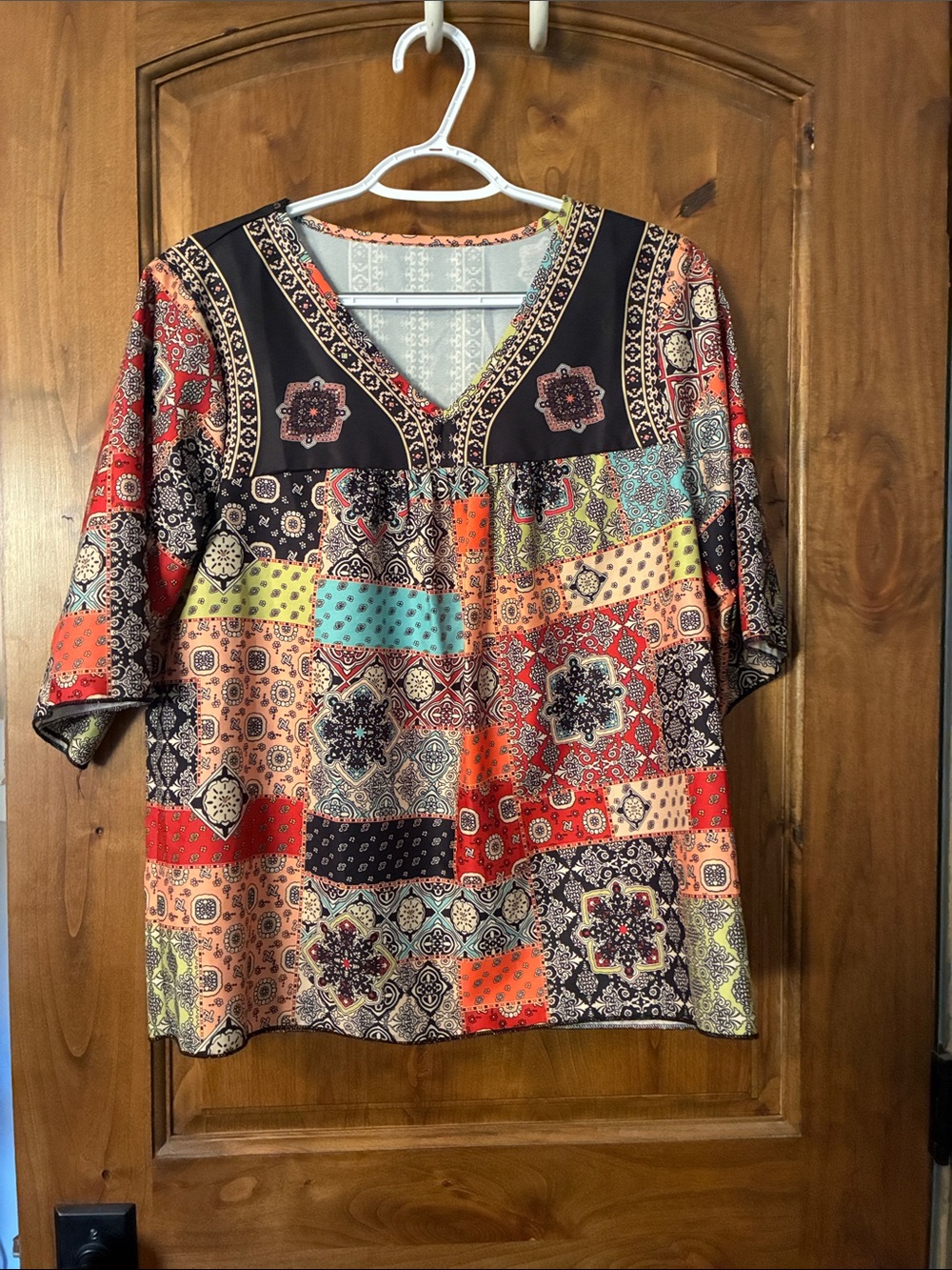 Boho Patchwork V-Neck Women’s Top - Multi